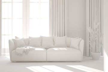 Mock up of stylish room in white color with sofa. Scandinavian interior design. 3D illustration