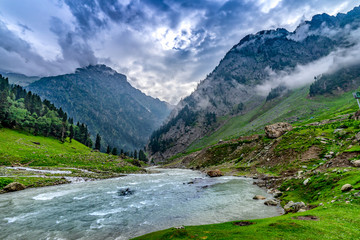 Naklejka na ściany i meble River in beautiful mountain view Kashmir state, India