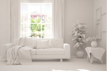 Mock up of stylish room in white color with sofa and green landscape in window. Scandinavian interior design. 3D illustration