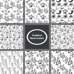 set of floral hand-drawn seamless patterns. Black and white vector illustration.