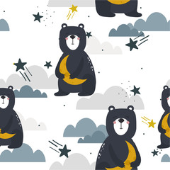 Sleeping bears, hand drawn backdrop. Colorful seamless pattern with animals, moon, stars. Decorative cute wallpaper, good for printing. Overlapping colored background vector. Design illustration. Zzzz