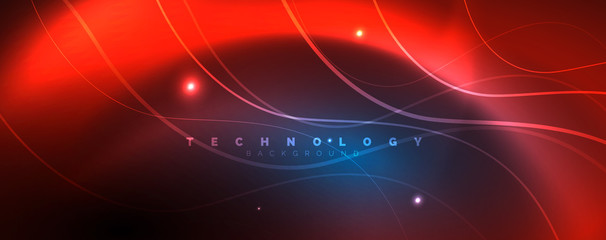 Trendy neon blue abstract design with waves and circles. Neon light glowing effect. Abstract digital background.