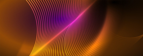 Shiny neon lights, dark abstract background with blurred magic neon light curved lines