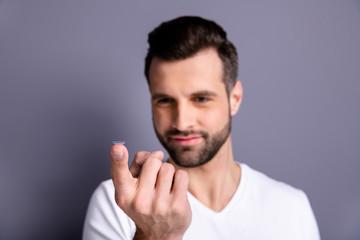 Close up photo of charming lovely man hold hand have correction medical service doctor feel content...