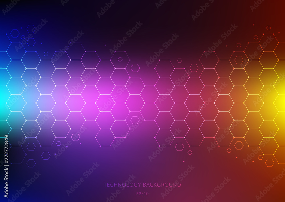 Poster abstract science and technology concept from hexagons pattern with node on vibrant color background.