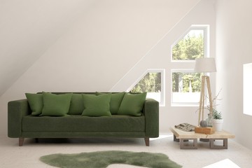 Stylish room in white color with sofa and summer landscape in window. Scandinavian interior design. 3D illustration