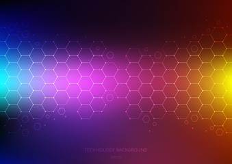 Abstract science and technology concept from hexagons pattern with node on vibrant color background. Structure molecule and communication. Science and medical.