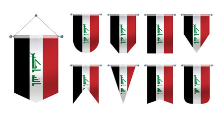 Set of hanging flags of the IRAQ. Diversity shapes of the national flag country. Vertical Template Pennant for background, travel banner, logo,award, achievement, festival
