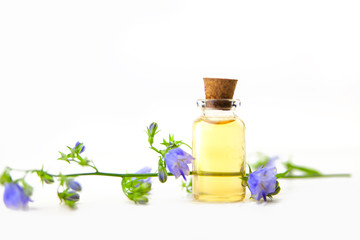 bellflower essential oil in  beautiful bottle on White background