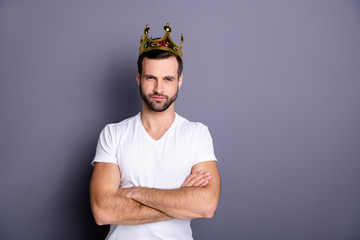 Portrait of charming lovely stunning guy have crown feel proud independent leader leadership wear...