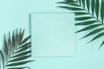 Summer composition. Tropical palm leaves, paper blank on pastel blue background. Summer, nature concept. Flat lay, top view, copy space