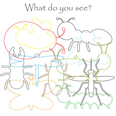 Find hidden objects on the picture, insects theme, mishmash contour set, fun education game for kids, preschool activity for children, vector illustration