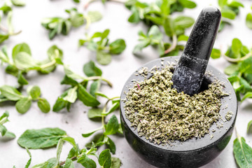 Dried herb. Fresh mint leaves and dry mint on white background.