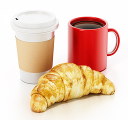 Coffe mug, cup and croissant isolated on white background. 3D illustration