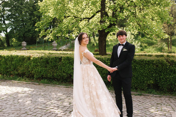 Happy groom and bride walking in the park. Charming woman with handsome man spend time together