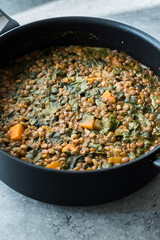 Homemade Lentil Stew / Soup with Chard and Sweet Potatoes in Pot Pan