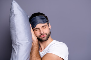 Close-up portrait of his he nice-looking attractive bearded guy drowsiness sleeping quietly calmly...
