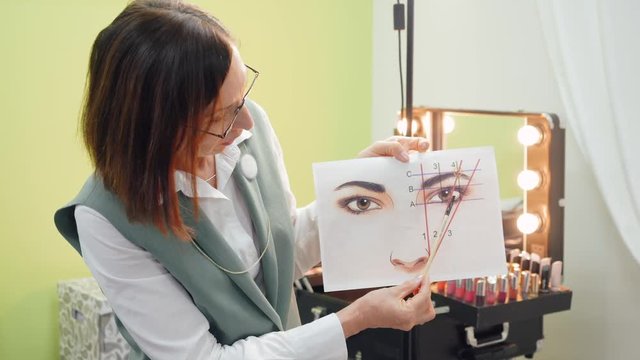 Eyebrows Modeling Tutorial Course at Visage School. Makeup Training. Face Schetch with Correct Application of Cosmetic. Woman Teacher Visagiste Beauty Masterclass. Footage Shot in 4K