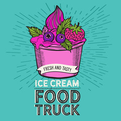 Ice cream illustration for food truck on vintage background.