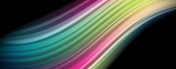 Abstract wave lines fluid rainbow style color stripes on black background. Artistic illustration for presentation, app wallpaper, banner or poster