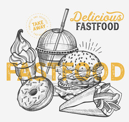 Fast food illustrations, burger, pizza, donut for restaurant.