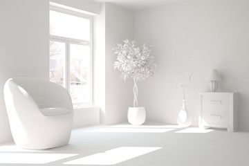 Mock up of stylish room in white color with armchair. Scandinavian interior design. 3D illustration