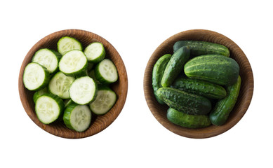 Fresh сucumbers in wooden bowl isolated on white background. Top view. Cucumbers with copy space for text. Сucumbers on white background.