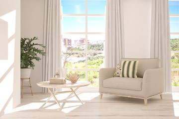 Mock up of stylish room in white color with armchair and green landscape in window. Scandinavian interior design. 3D illustration