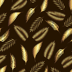 Gold leaves seamless pattern on dark background. Nature concept. Vector image