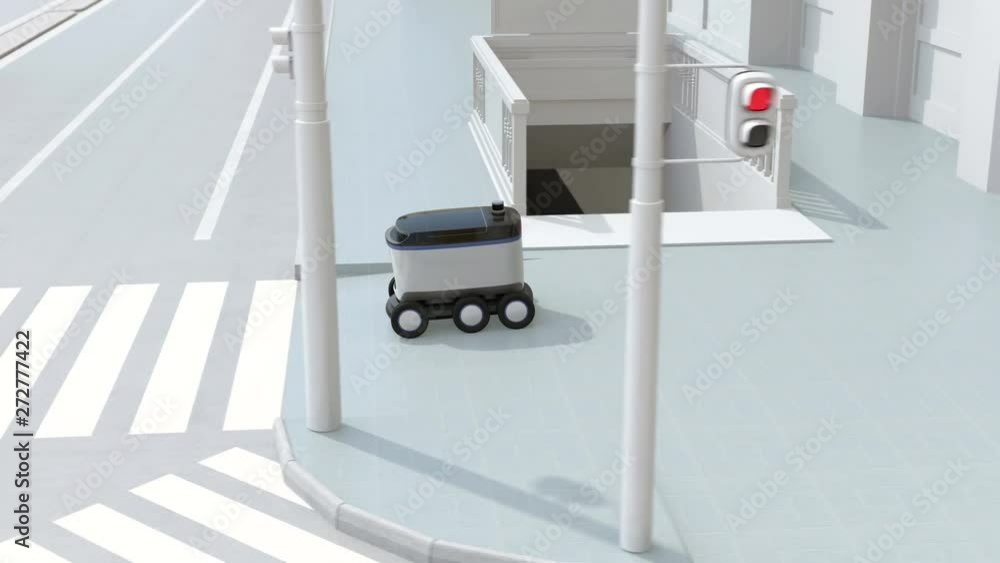 Poster self-driving delivery robot moving on the roadside. delivery minivan passing the crossroad. 3d rende