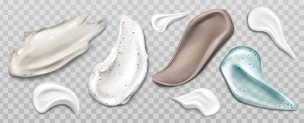 Scrub or cream smears swatch set. Cosmetics beauty skin care product strokes isolated on transparent background, foundation, milk, lotion, gel, drops texture Realistic 3d vector illustration, clip art