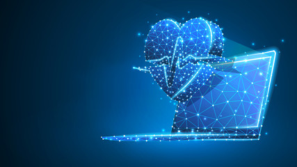 Laptop with Heart pulse line on notebook screen. Polygonal Internet treatment, computer care concept. Abstract, digital, wireframe low poly mesh vector blue neon 3d illustration. Triangle line dot