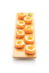 fresh salmon sushi roll with mayonnaise and shrimp egg