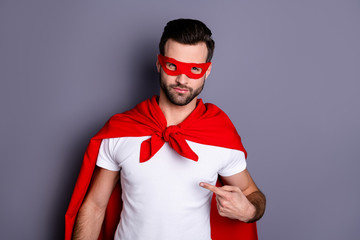 Close-up portrait of his he nice-looking attractive content cool virile brutal macho bearded guy pointing at himself self advert advice isolated over gray pastel background