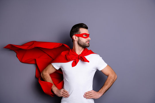 Portrait of his he nice-looking attractive content macho candid virile bearded guy looking aside ready to rescue isolated over gray pastel background