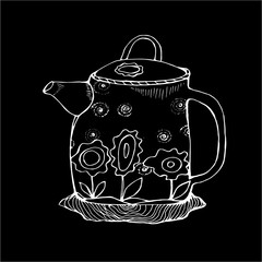 Black white illustration of a flower decorated teapot in the old style.