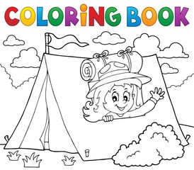 Coloring book scout girl in tent 1