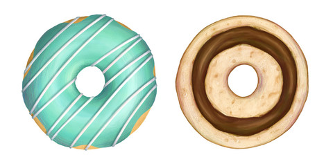 Digital illustration. Donuts set isolated on tte white background. Cute donuts with green glaze and filling.