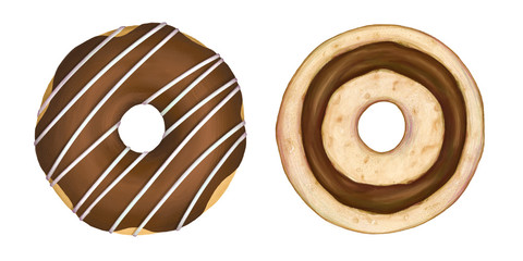 Digital illustration. Donuts set isolated on tte white background. Cute donuts with shoko glaze and filling.