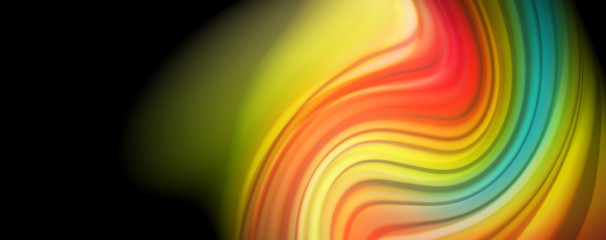 Abstract wave lines fluid rainbow style color stripes on black background. Artistic illustration for presentation, app wallpaper, banner or poster