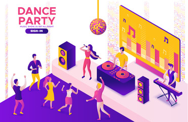 Party isometric concept, dj playing club disco music, 3d vector illustration, dancing people, nightclub, dance music, holiday event poster, corporate gig, violet, yellow, pink, clubbing cartoon men - 272779864