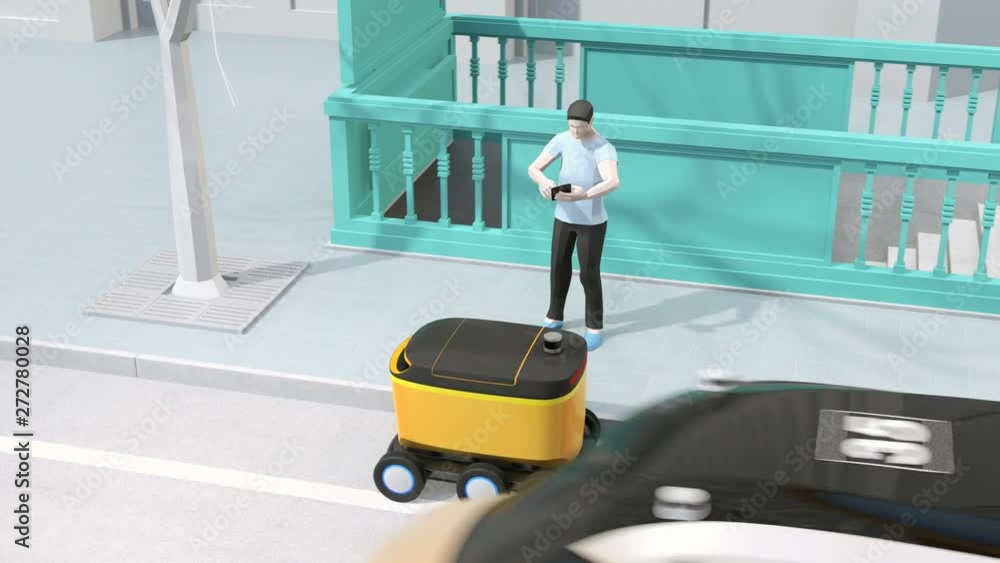 Poster low polygon style man using smartphone to unlock self-driving delivery robot's door. last one mile c