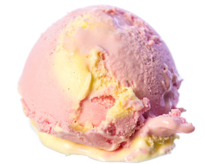 two colored ice cream ball read (strawberry ice cream) and yellow (vanilla ice cream) isolated on white background
