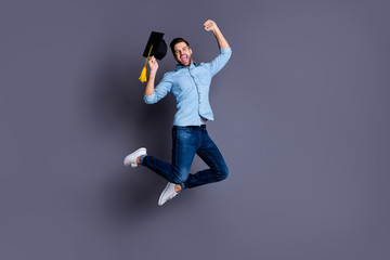 Full length body size view portrait of his he nice-looking attractive cheerful cheery overjoyed...