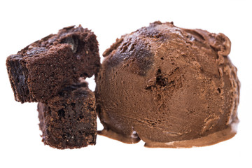 Single chocolate - brownie ice cream ball with brownies isolated on white background front view