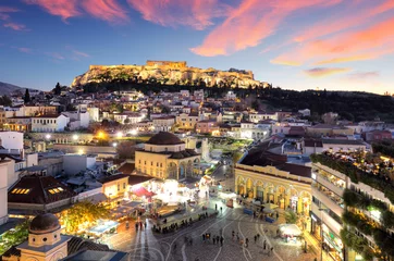 Foto op Canvas Akropolis met Parthenon-tempel tegen zonsondergang in Athene, Griekenland © TTstudio