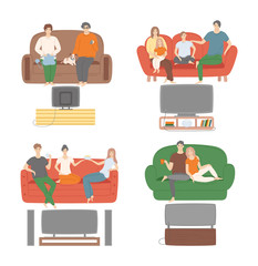 People watching tv programs together vector, family and friends looking at screens discussing events. Mother and father with kids, lady knitting hobby