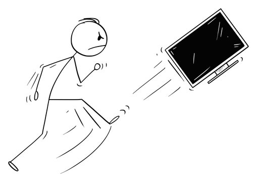 Vector cartoon stick figure drawing conceptual illustration of angry man kicking out the TV, television or computer monitor or screen. Broken technology concept.
