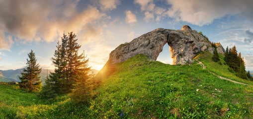 Mountain landscape with big rock at sunset - Low Tatras, Slovakia