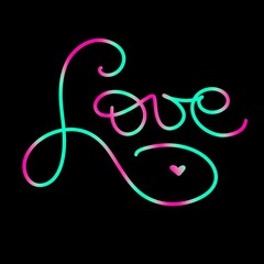 Love Heart Hand written lettering sign love with little heart. Neon green and pink colors card in snake style. Quote message. Illustration for t-shirts, print on black background.